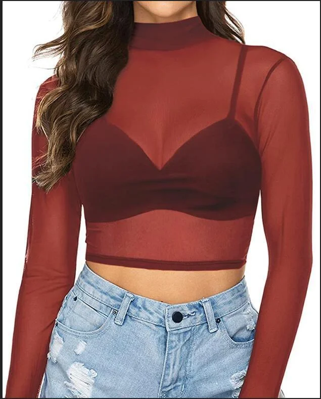 Brownm Brownm Elastic Tight Perspective Sexy Mesh Bottom Shirt Transparent Long Sleeve T-Shirt Women's Lace Shirt