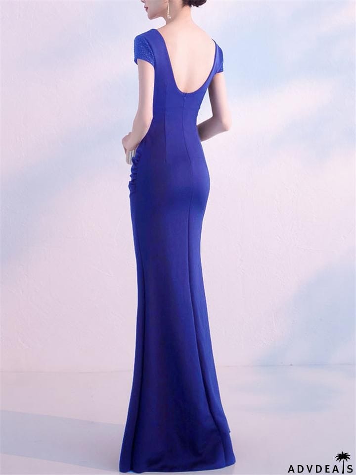 Sexy V Neck Side Slit Beaded Formal Dress for Dinner