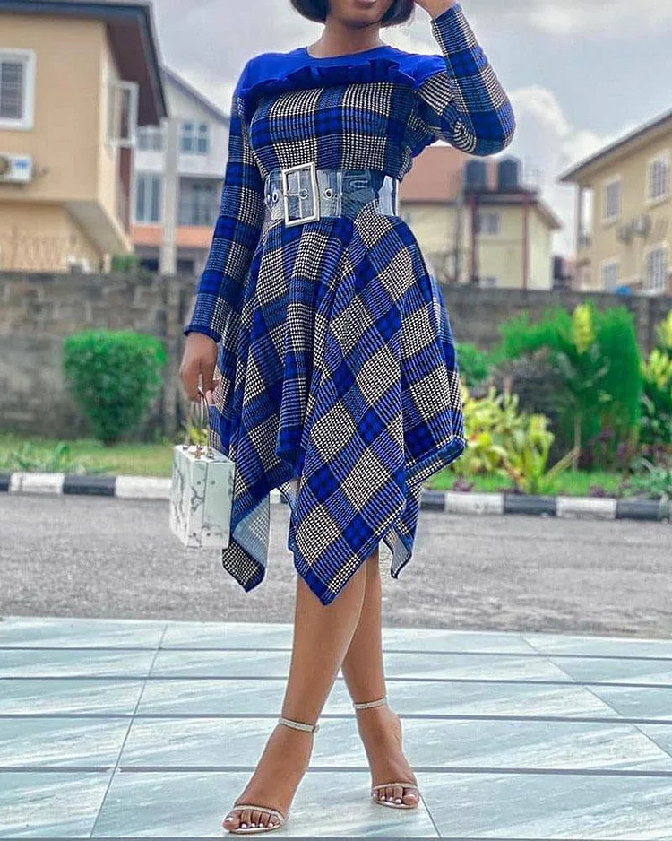 Irregular Large-length Dress with Stitching Print on Wood Ears Dress
