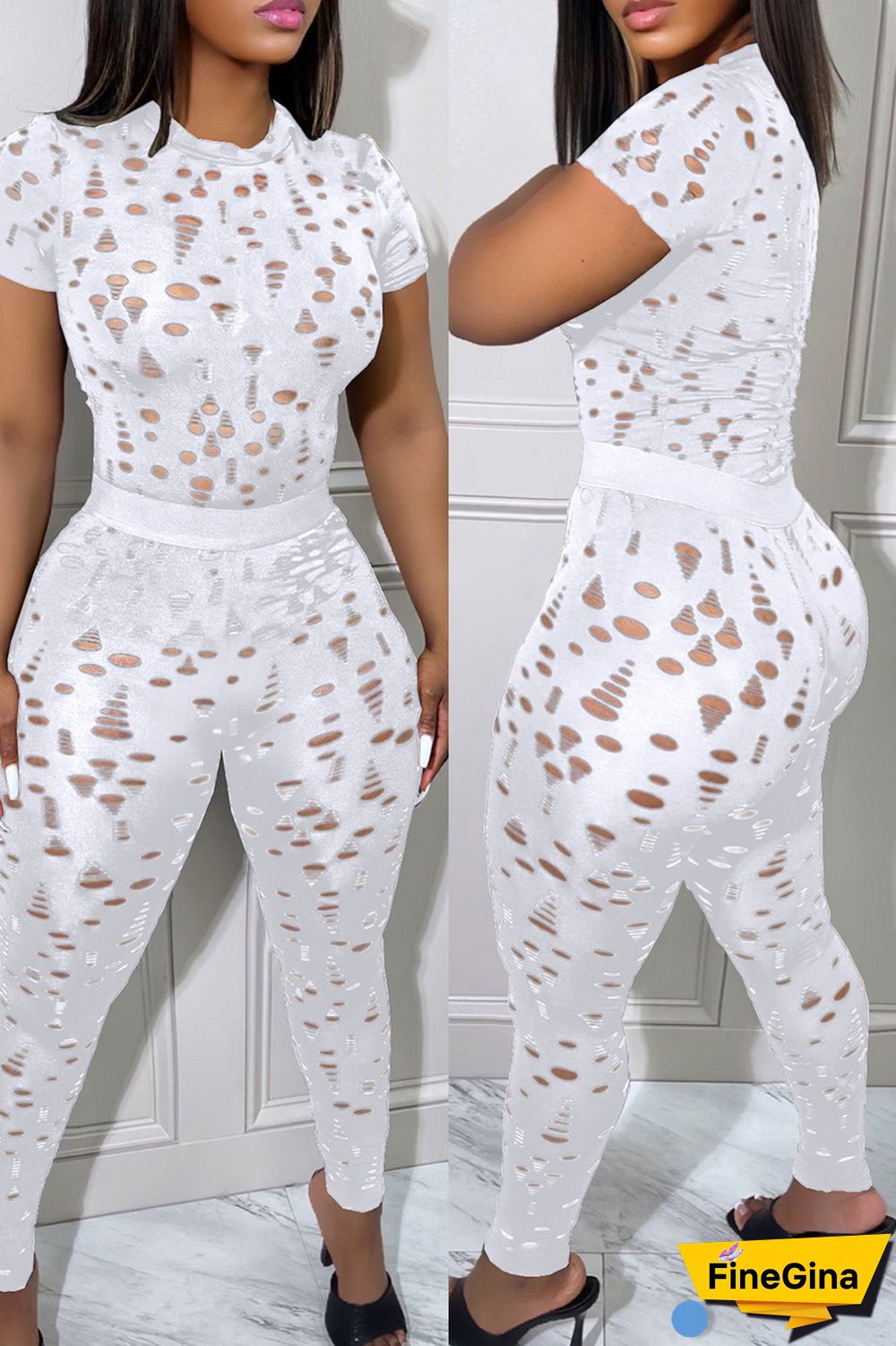 Black Sexy Solid Ripped Hollowed Out O Neck Short Sleeve Two Pieces