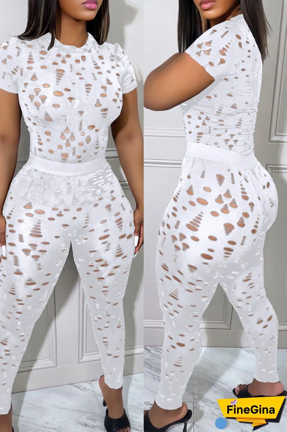 Black Sexy Solid Ripped Hollowed Out O Neck Short Sleeve Two Pieces