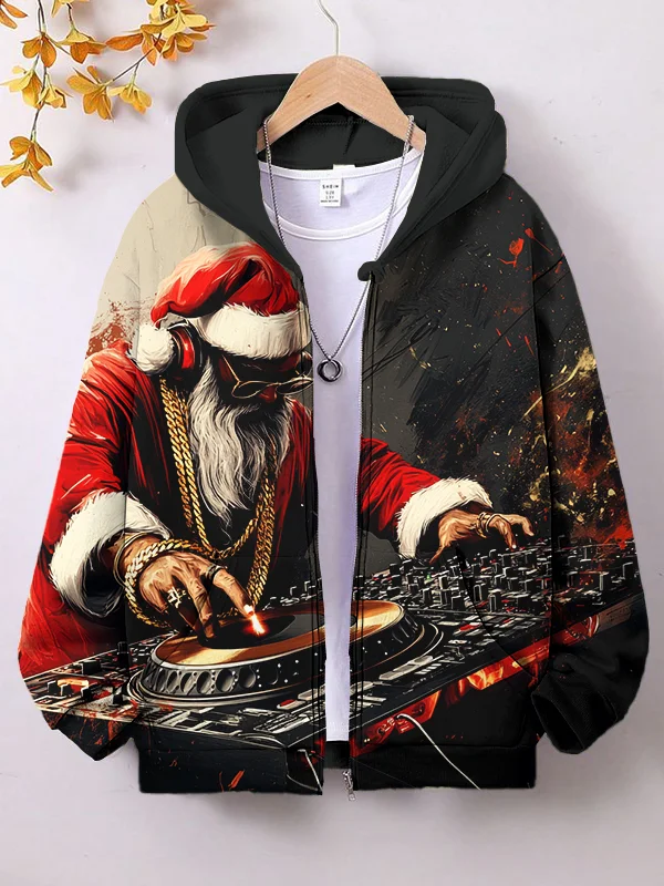 Women's Hip Hop Santa DJ Christmas Print Hooded Zip Up Jacket