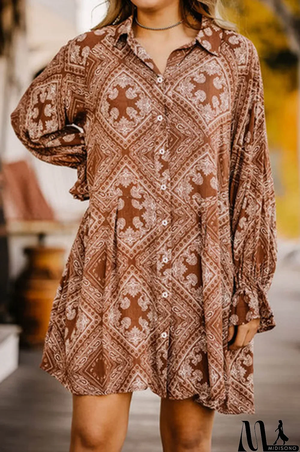 MidiSono - Vintage Paisley Geometric Print Shirt Short Dress
