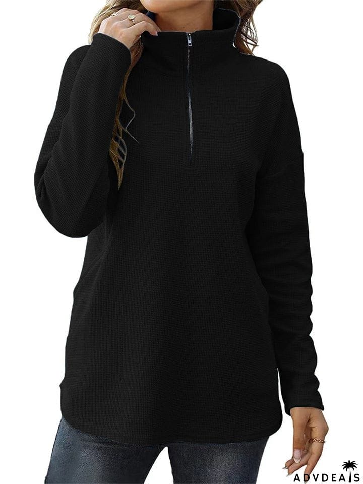 Winter Daily Zipper Long Sleeve Women Tops with Pockets