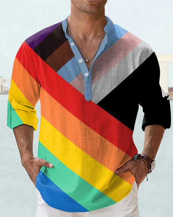 Men's Casual Rainbow Pride Art Print Long Sleeve Shirt