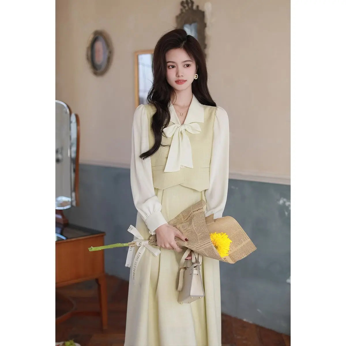 Spring Autumn Elegant Fashion Bow Patchwork Midi Dress Women's Casual Fashion Waist Robe Femme Long Sleeve Temperament Vestidos LANFUBEISI
