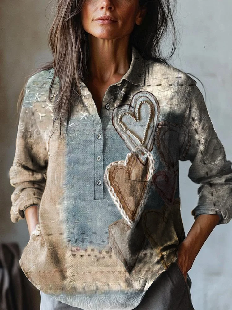 Women's Vintage Love Beach Art Print Casual Cotton And Linen Shirt