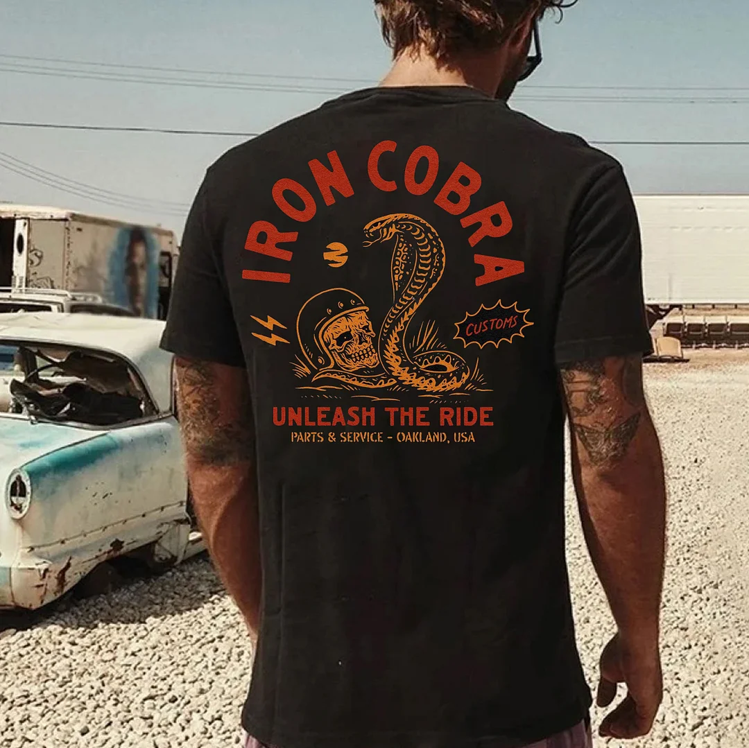 IRON COBRA Snake and Skull Black Print T-Shirt