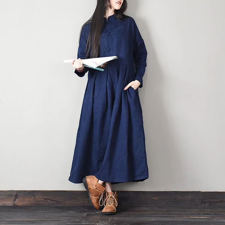 Elegant Chinese Button cotton stand collar quilting clothes Work navy cotton Dresses