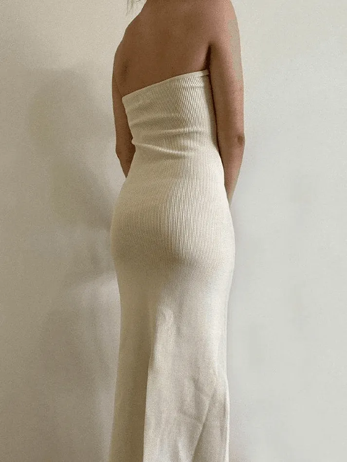 Brownm Knitted Twist Strapless Maxi Dress