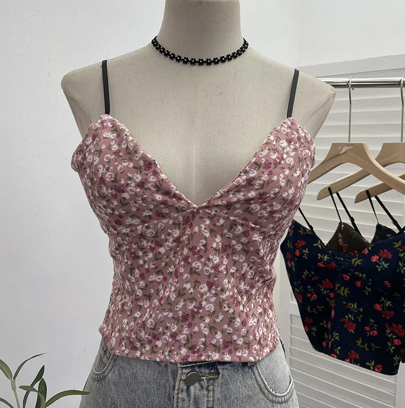 Uveng Real Shooting Hottie Deep V-Neck Broken Flower Short-Sized Hong Kong Wind Sling Female Wear With Chest Cushion Small Waistcoat Sleeveless Top 1727