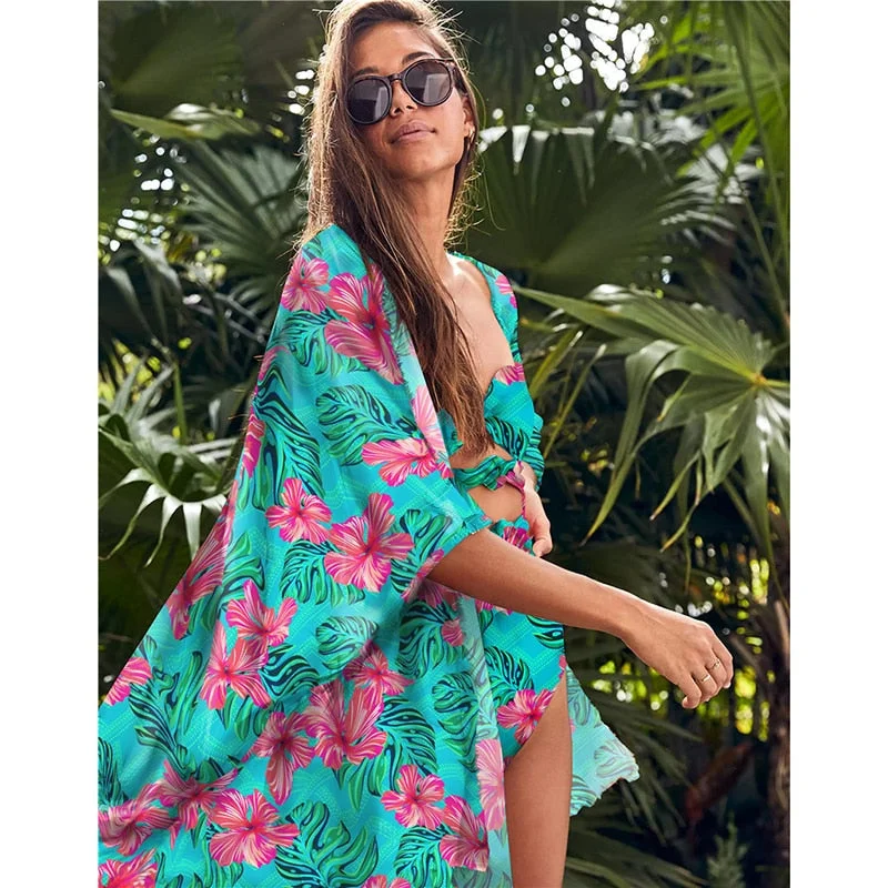 Leaves Print Swimsuit Beach Cover Up Tunics for Beach Long Kaftan Bikini Cover Up Robe De Plage Sarong Beach Swimsuit Cover-Ups