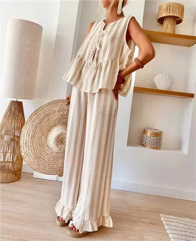 Tie Striped Vest Top Casual Pants Set