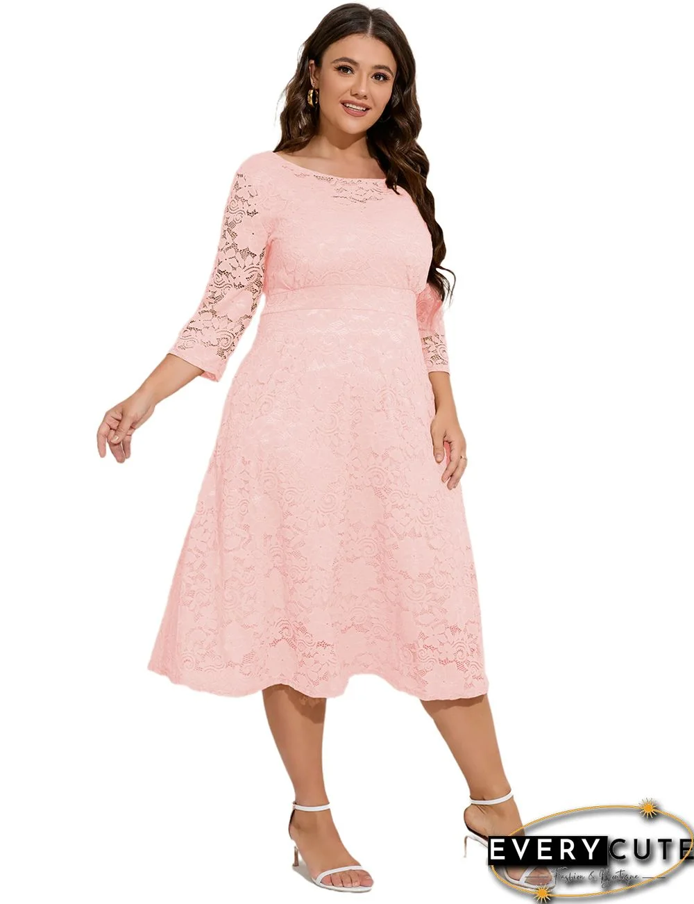 Pink Hollow-out Pocketed Lace Plus Size Dress