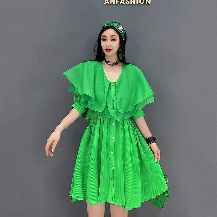 Chiffon Solid Color V-neck Splicing Ruffles Folds Lantern Sleeve Dress          