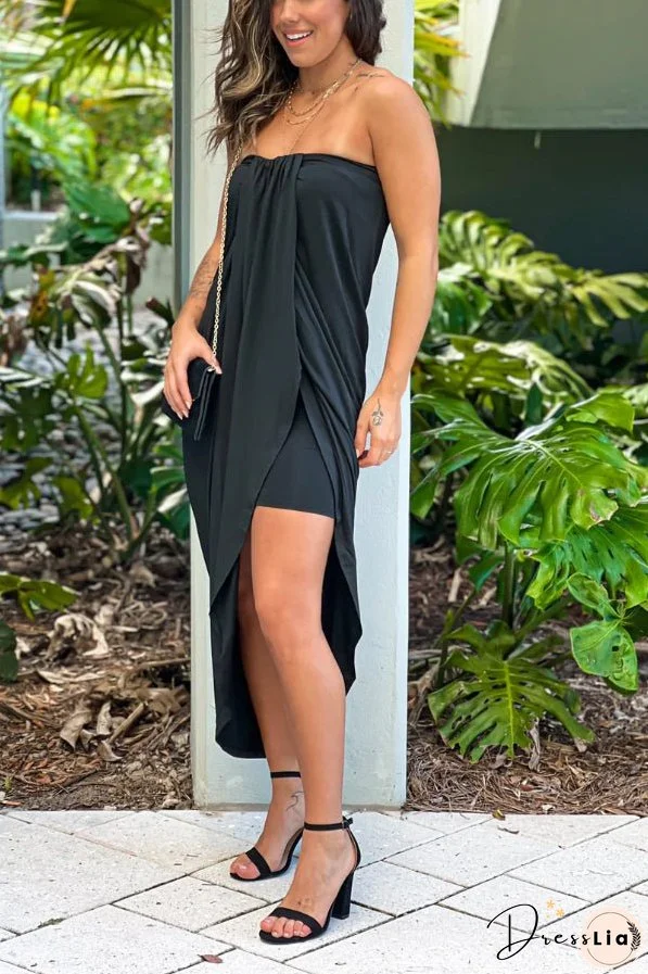 BLACK STRAPLESS RUCHED DRESS
