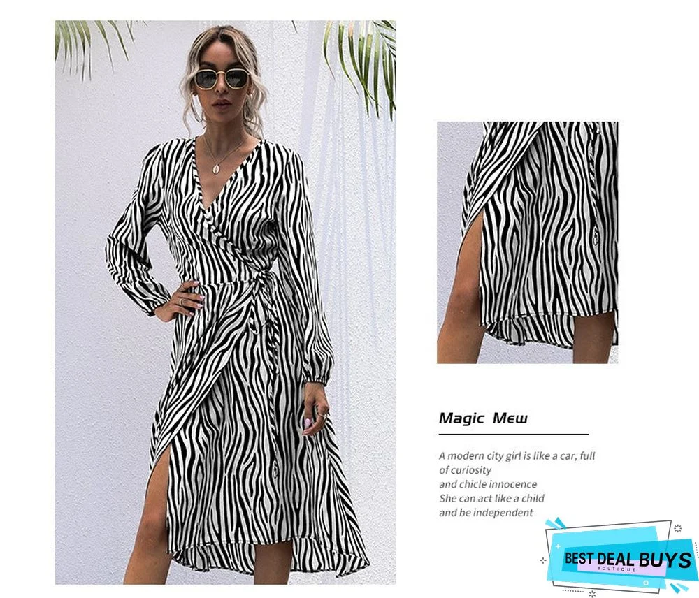 Wrap-Around Long-Sleeved Zebra Print V Collared Lace Dress