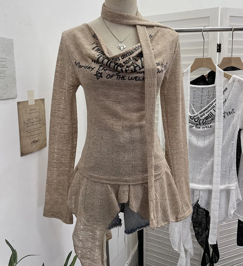 Nigikala Nigikala Shooting Retro Irregularly Hollow Knitted Jersey Dress Girl With Hottie Word Shoulder Collar Blouse 8101