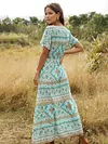 Ethnic Printed Short Sleeve Deep V-Neck Maxi Dress
