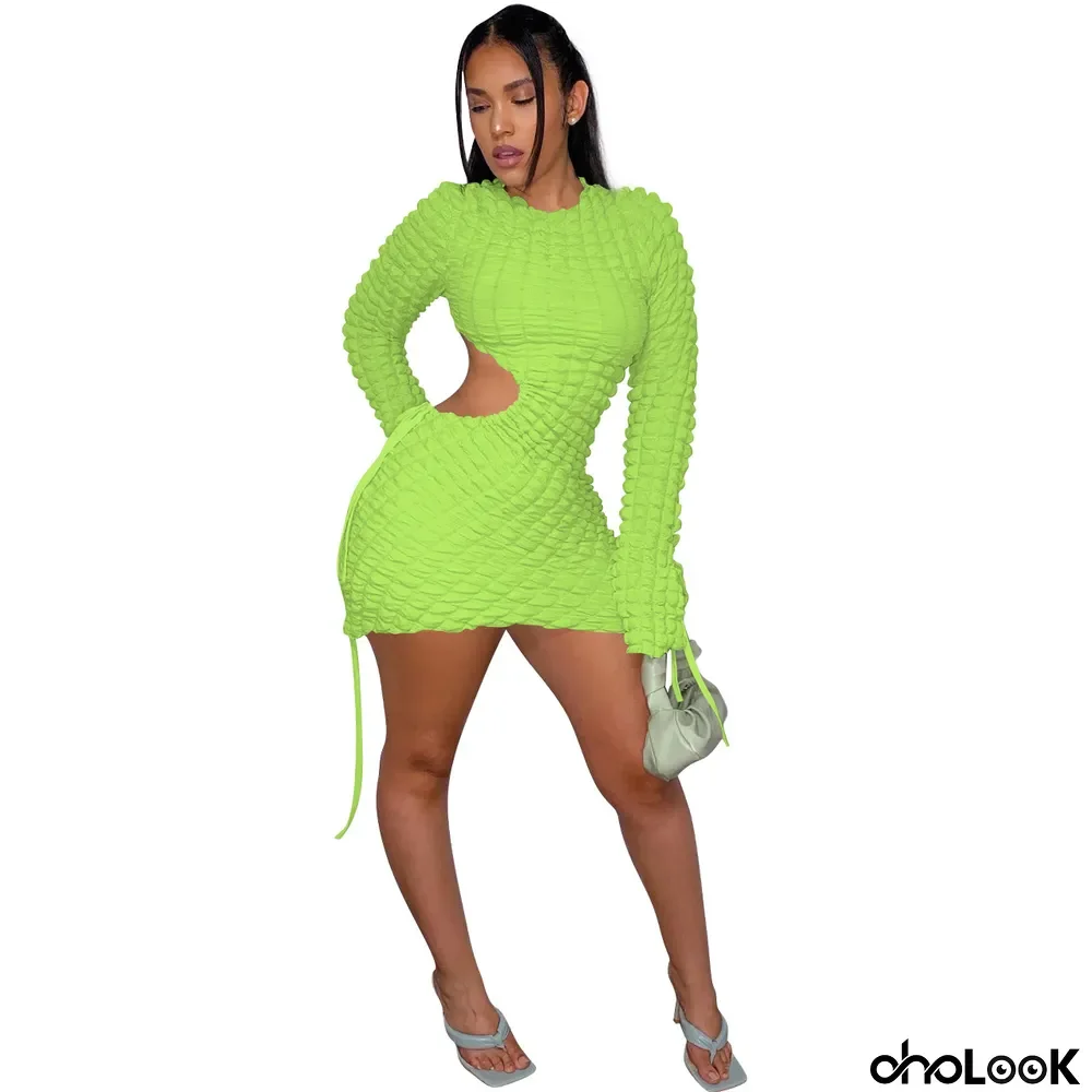 Women Fashion Drawstring Plaid Sexy Cutout Bodycon Dress