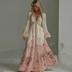 Women's Vintage Pink Floral Embroidery Gradient Art Linen Blend V-neck Dress - Image 2