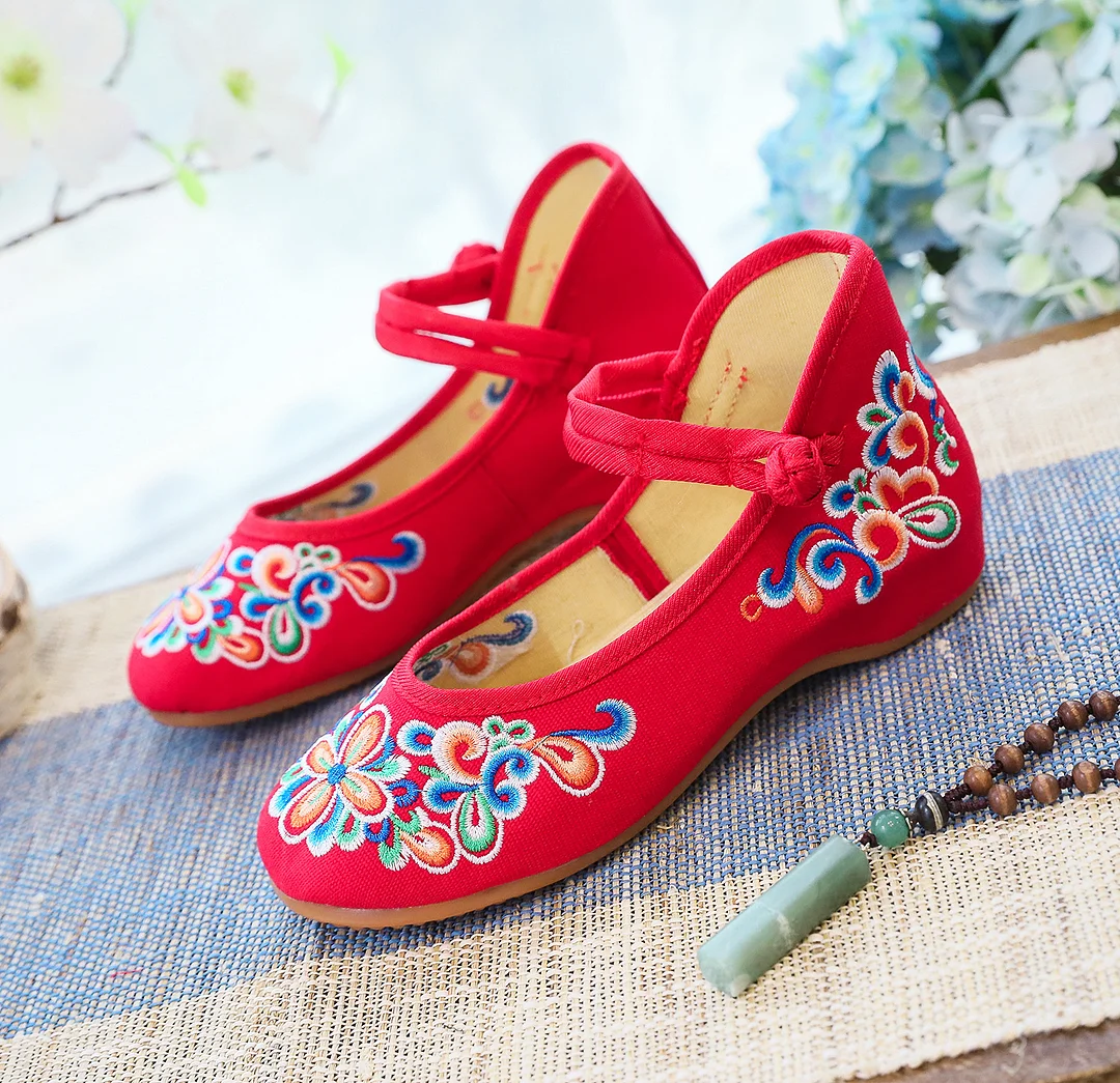 Zingj Zingj And Autumn Shallow Mouth Round Head Canvas Embroidered Cloth Shoes A Word Button Mother Shoes Women's Shoes Single Shoes