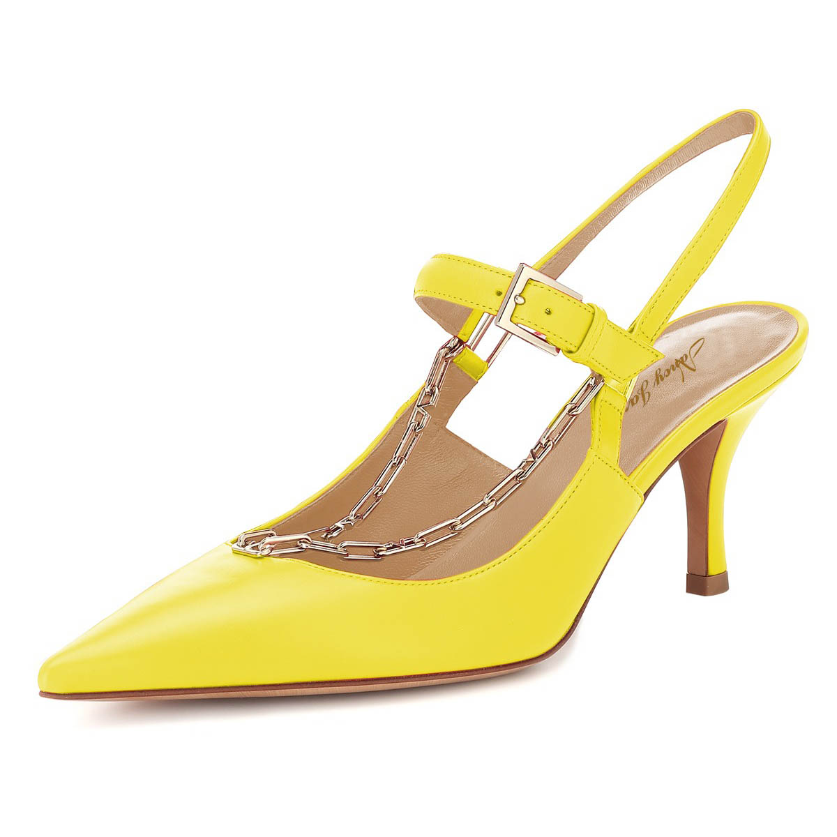Yellow Stiletto Heel Buckle Strap Slingback Pumps Shoes with Chain Nicepairs