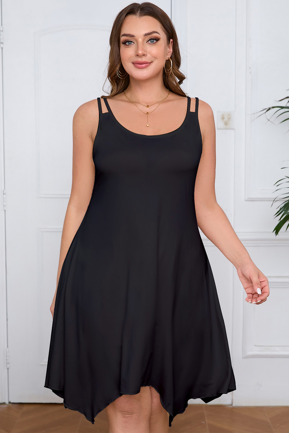 Plus Size Everyday Black U Neck Asymmetrical Hem Cami Midi Dress 2024 - Flycurvy 