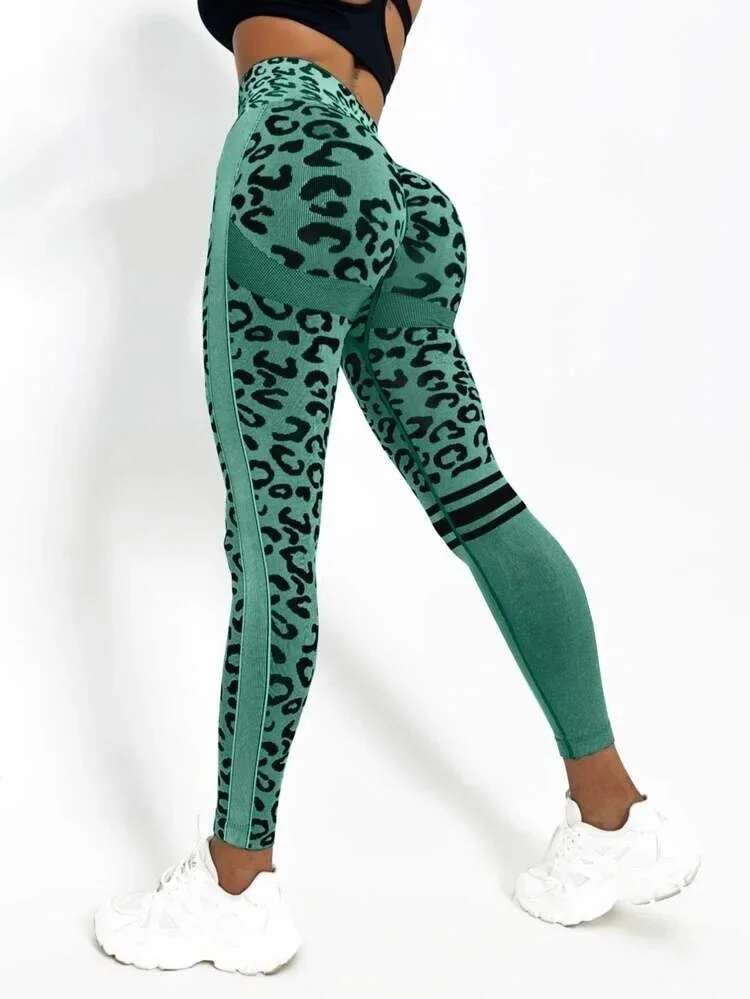 Canrulo Women Leopard Seamless Yoga Pants High Waist Lifting Hip Honey Peach Hip Fitness Pants Yoga Suit Tight Running Sports Pants
