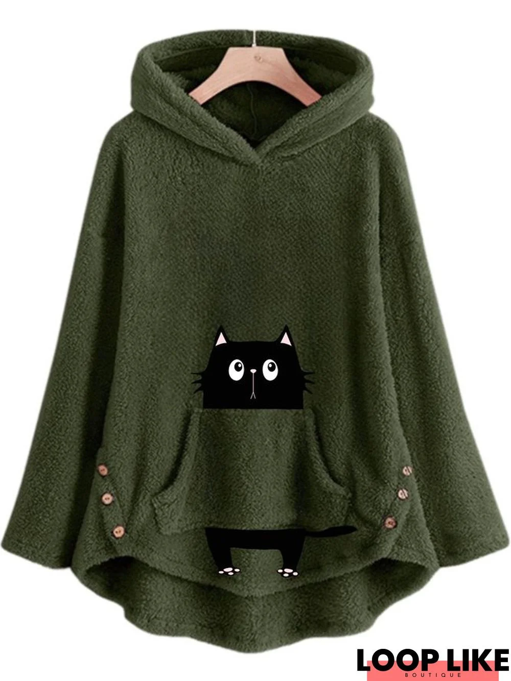 Cat Long Sleeve Hoodie Buttoned Casual Fluff Sweatshirt