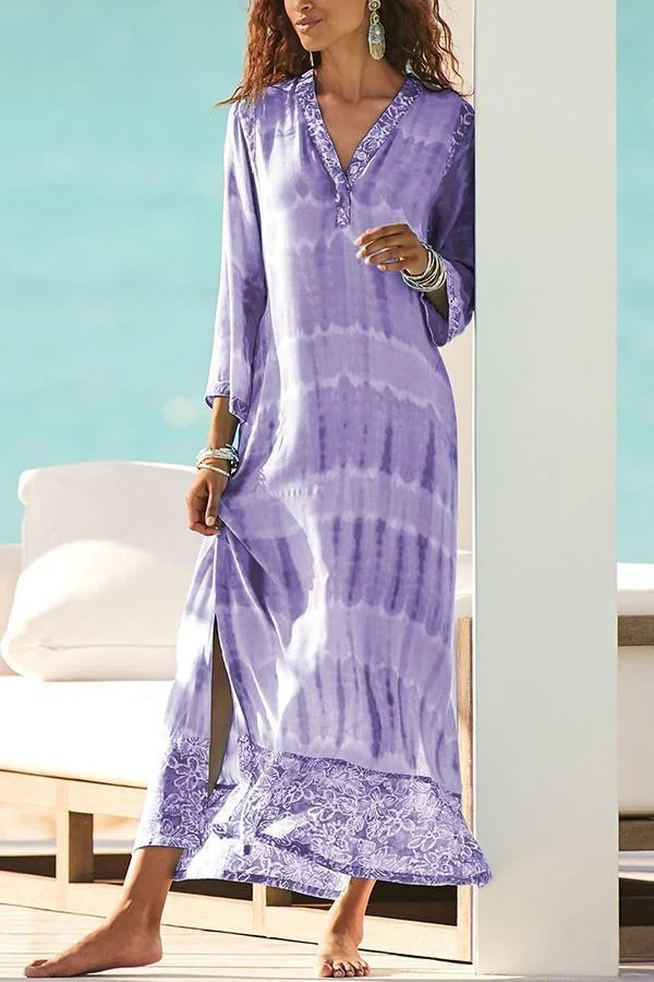 Paneled Gradient Print V-Neck Slit Maxi Dress