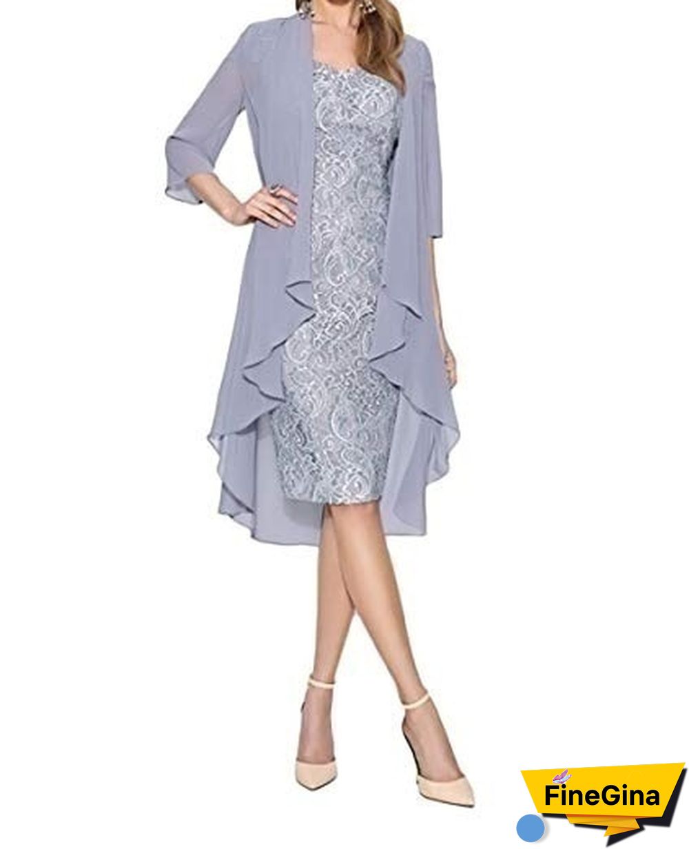 Fashion Women 2 Piece Set Dress Knee Length Lace Dress + Long Sleeve Irregular Cardigan Elegant Evening Dress Wedding Party Gown Plus Size Xs-5Xl
