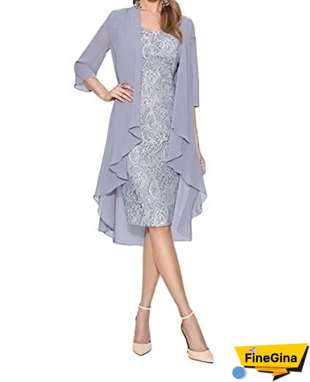 Fashion Women 2 Piece Set Dress Knee Length Lace Dress + Long Sleeve Irregular Cardigan Elegant Evening Dress Wedding Party Gown Plus Size Xs-5Xl