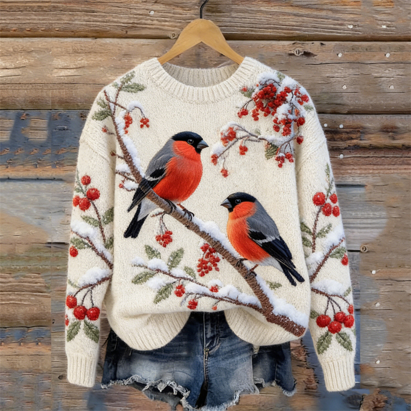 Lovely Birds & Snowy Berry Branch Cozy Knit Sweater wearshes