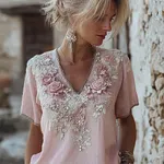 Boho Pink Roses Embroidered Short Sleeve Linen T Shirt - Image 2