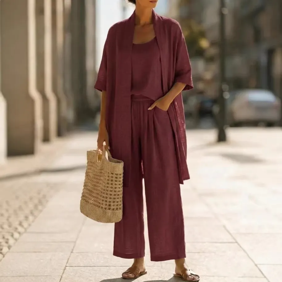 Women's Linen Blend 3-Piece Outfit, Cami Top, Open Front Cardigan and Wide Leg Pants Set