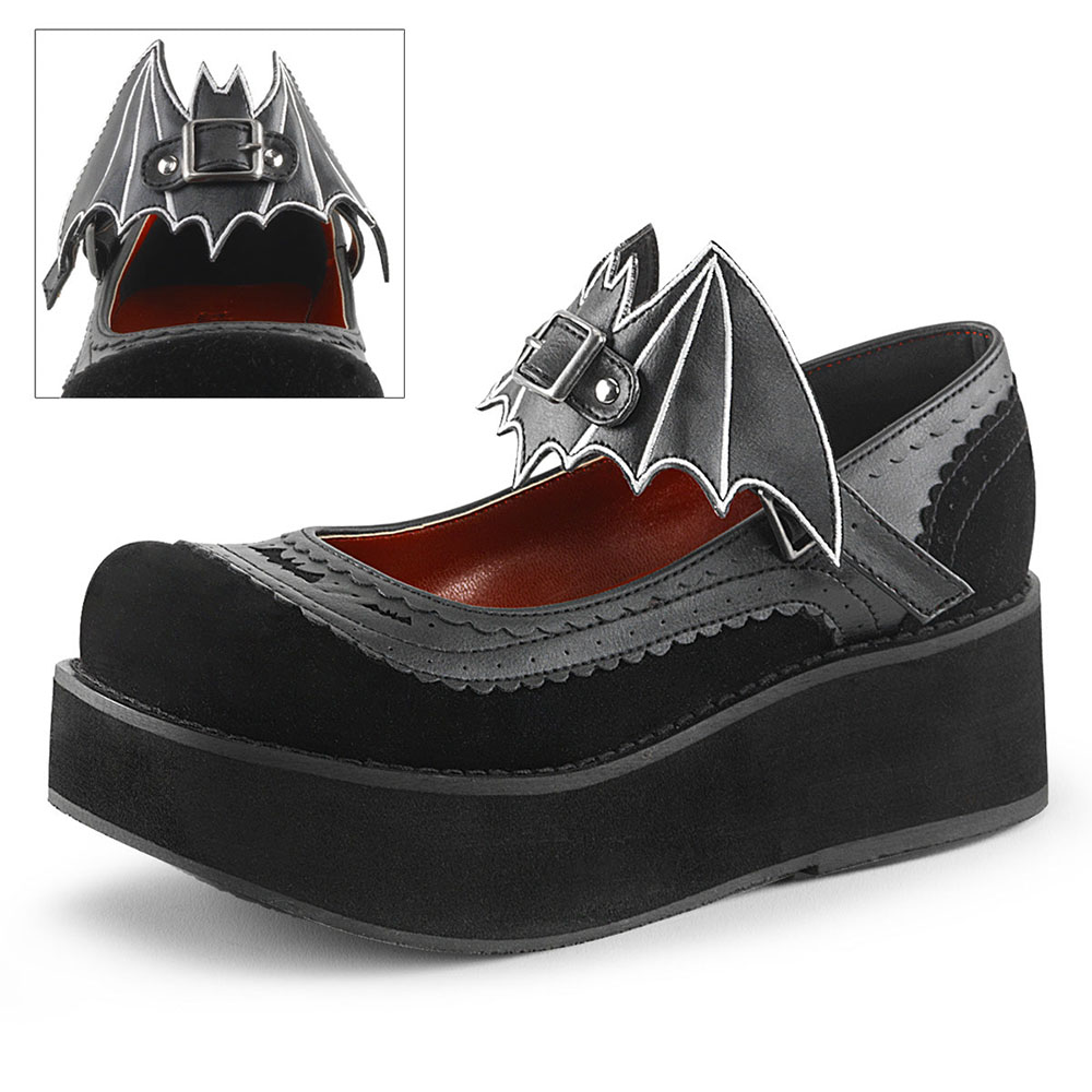 Black Round Toe Wedge Bat Wing Platform Mary Jane Pumps Nicepairs