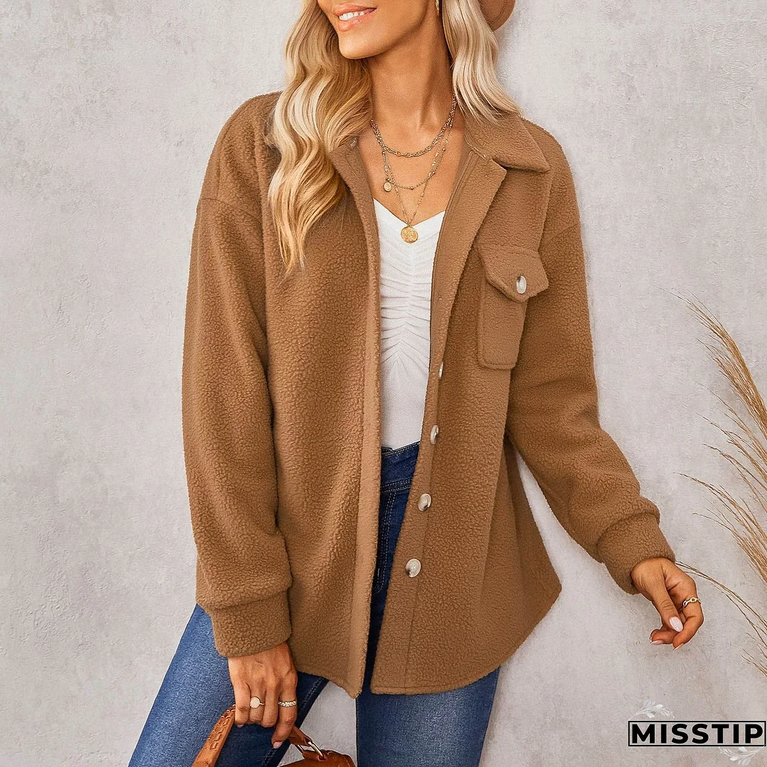 Women Long Sleeve Solid Color Pocket Fashion Casual Button Jacket