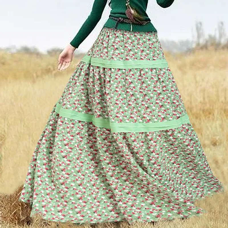 Women Printed Faldas Saia ZANZEA 2022 Summer Lace Skirts Holiday Vestidos Female Stiching Elastic Waist Floral Robe