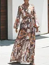 Retro Print V-Neck Long Sleeve Loose Empire A-Line Maxi Dress