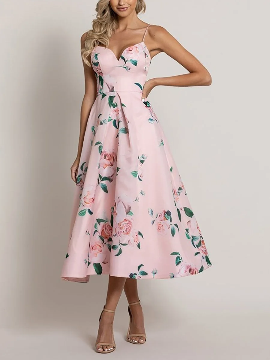 Elegant floral print suspender A-line midi dress