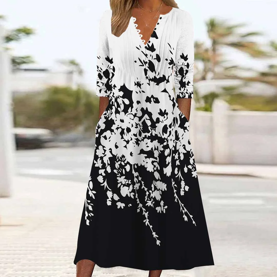 Women Floral,Black DZHB8365 Long Sleeve V-Neck Graphic Printed Midi Dress