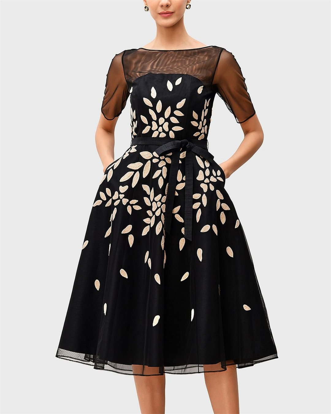 Women's Solid Color Embroidered Mesh Dress