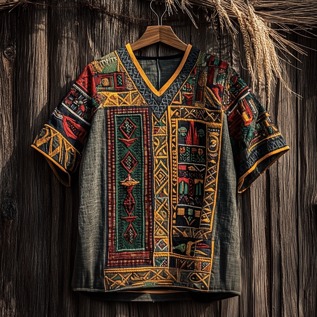 Men's African Ethnic Geometric Juneteenth Black Pride Art Print Linen T-shirt