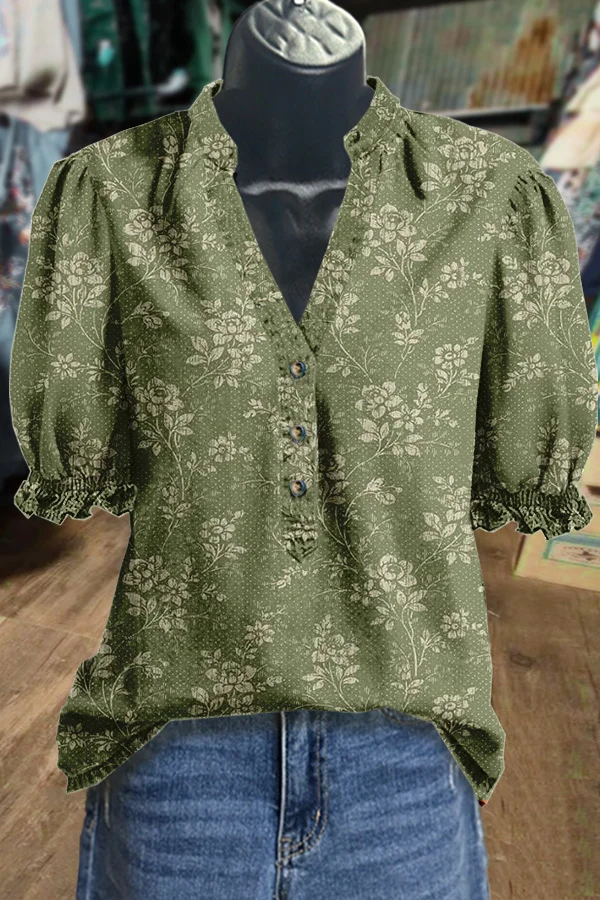 Vintage Floral Print V-Neck Puff Sleeve Top