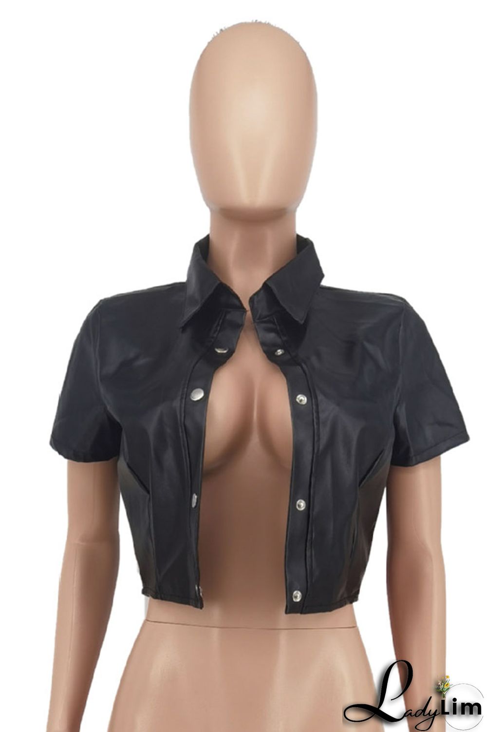 Black Sexy Street Solid Patchwork Buckle Turndown Collar Outerwear