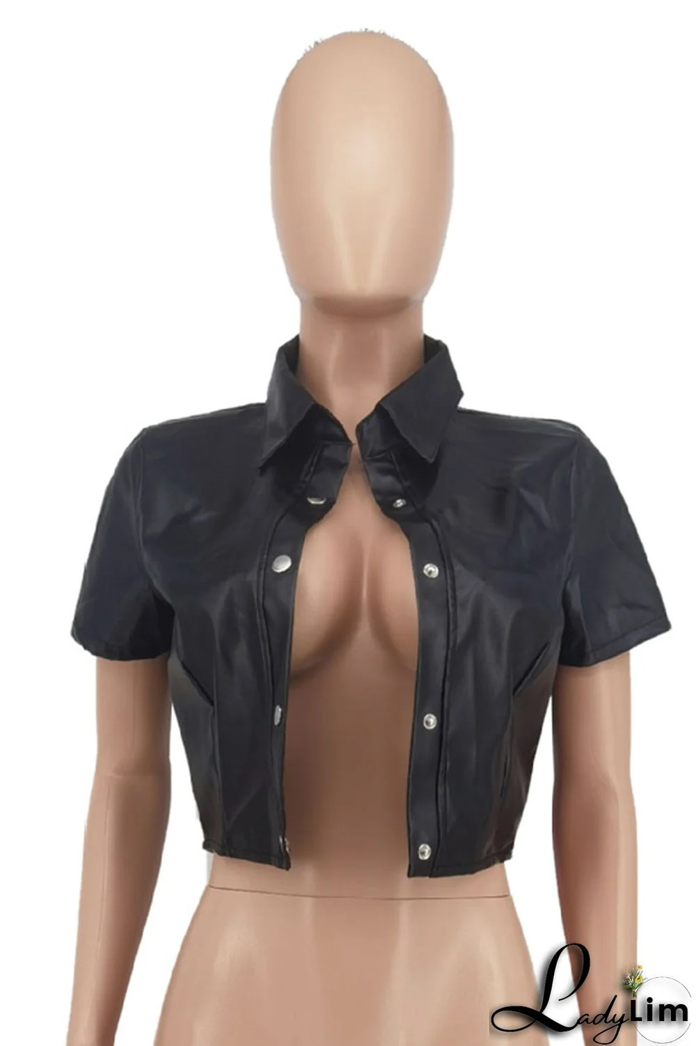 Black Sexy Street Solid Patchwork Buckle Turndown Collar Outerwear