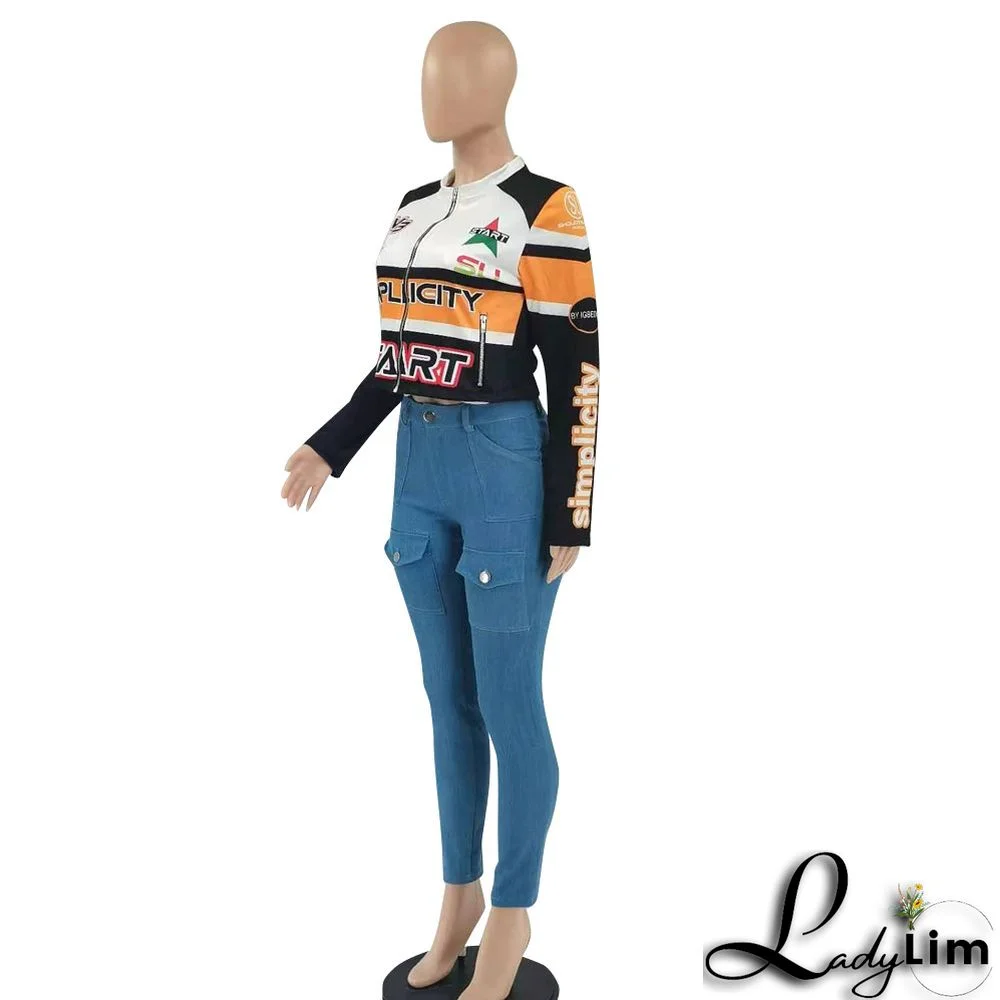 Women Round Neck Letter Print Long Sleeve Jacket