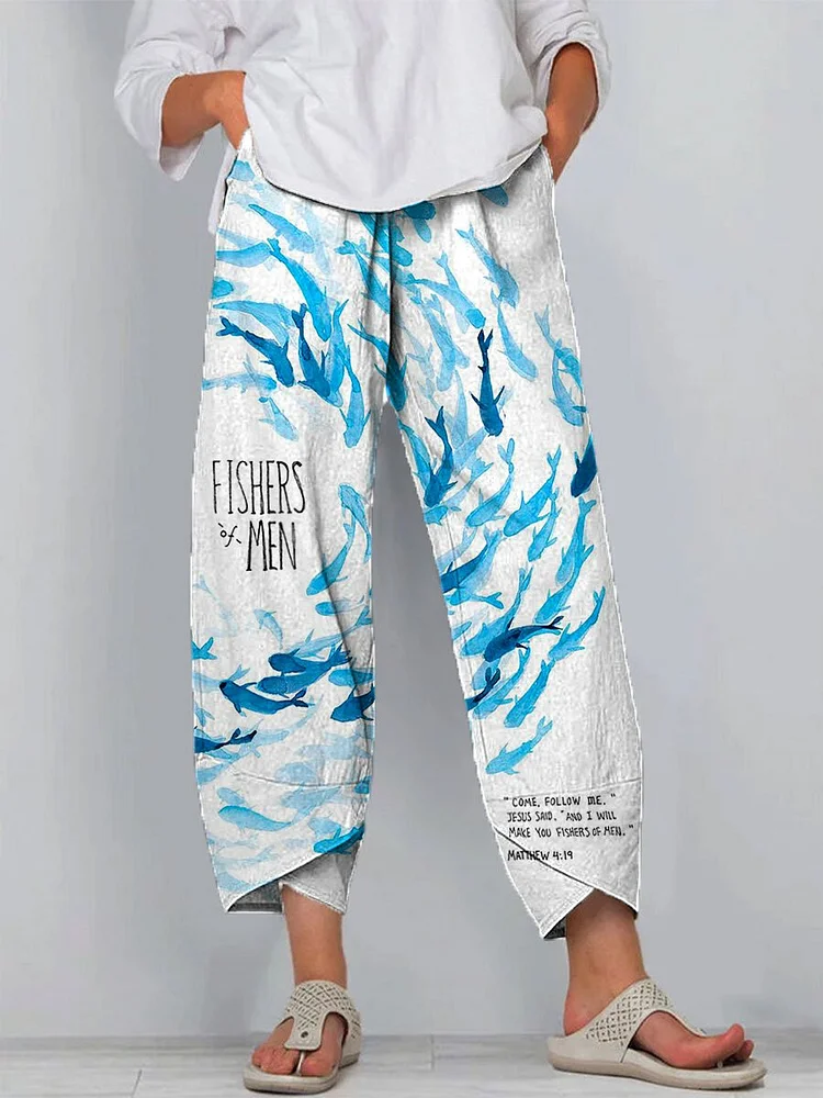 Watercolor Fish And Bible Verse Pattern Printed Women's Cotton And Linen Casual Pants