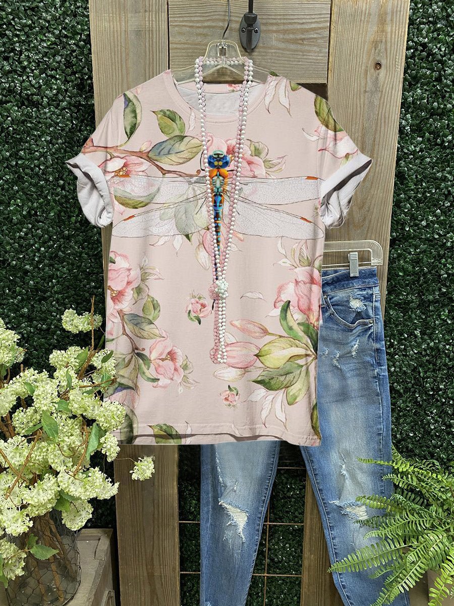 Casual pink dragonfly print crew neck top